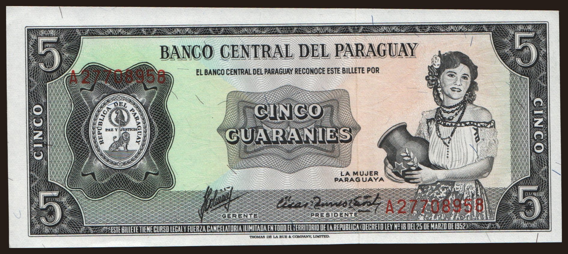5 guaranies, 1952