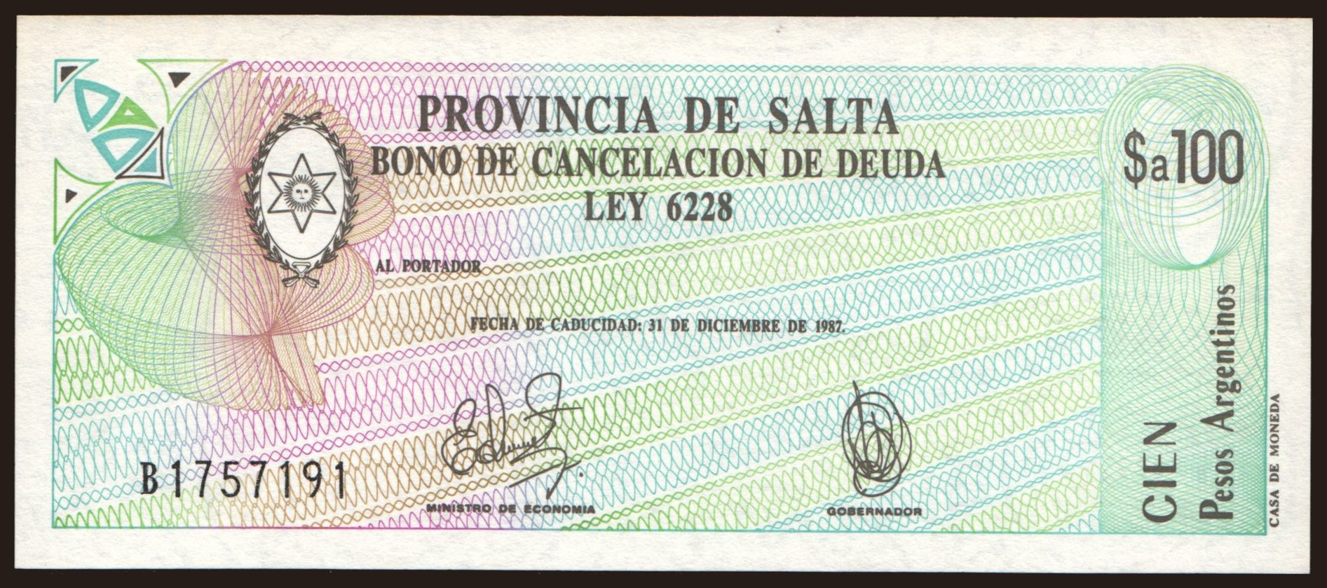 Provincia de Salta, 100 pesos, 1987