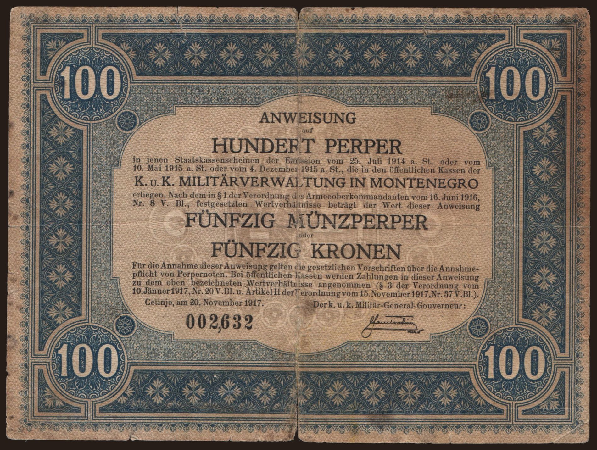 100 perper, 1917