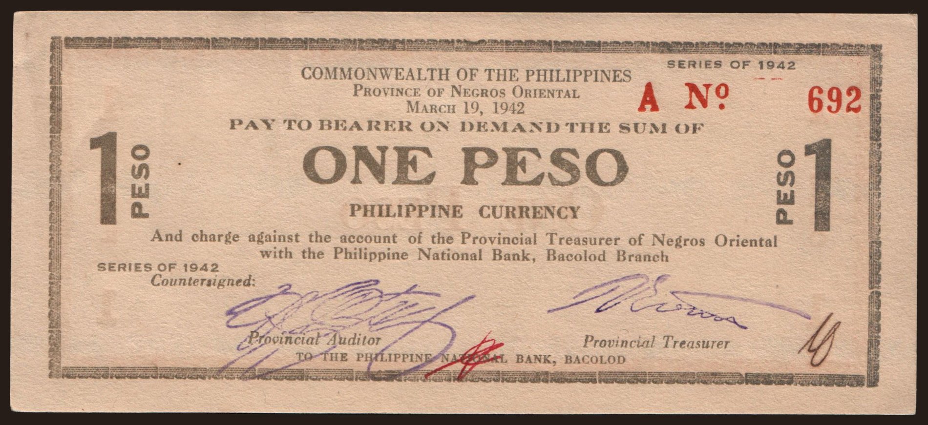 Negros Oriental, 1 peso, 1942