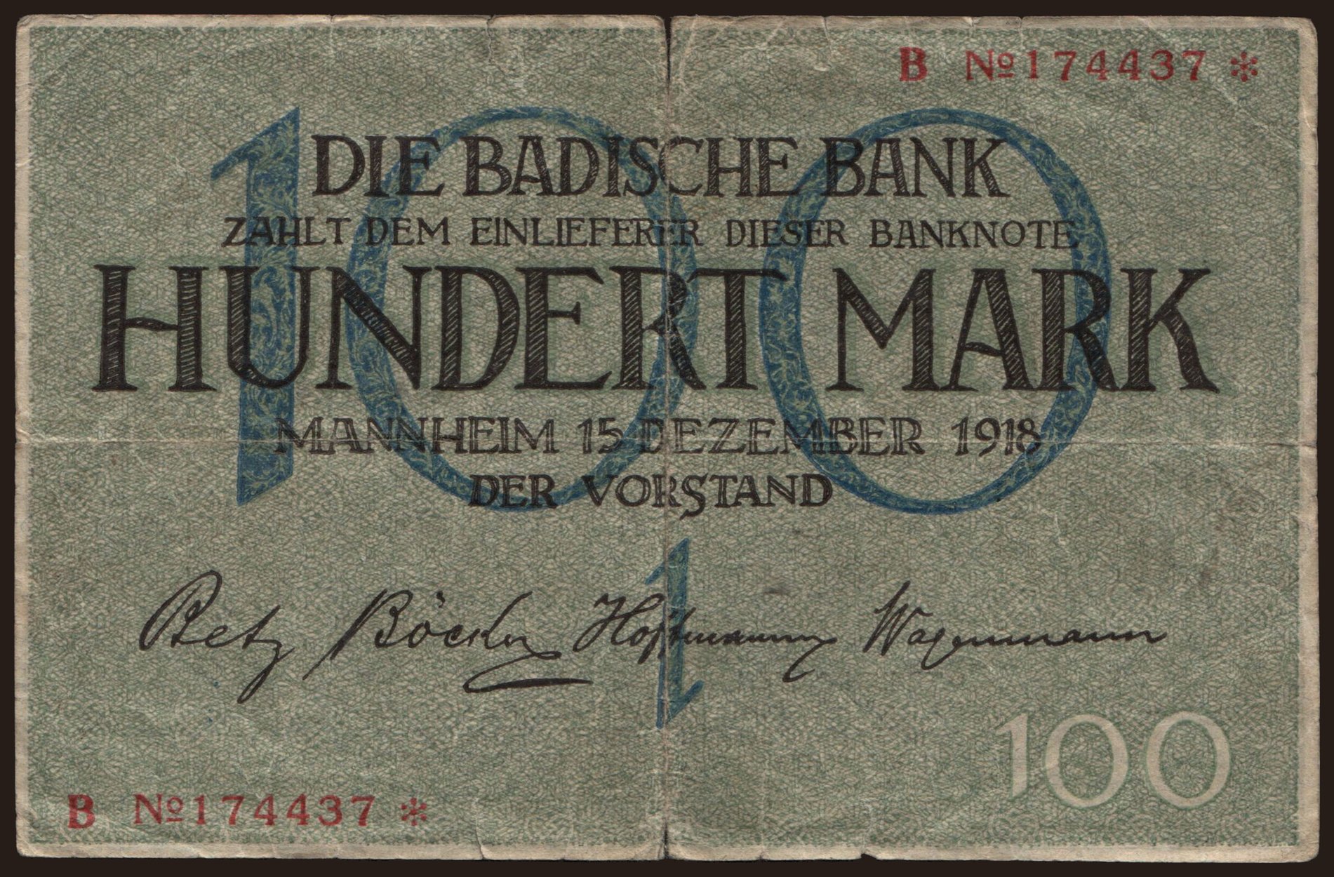 Badische Bank, 100 Mark, 1918