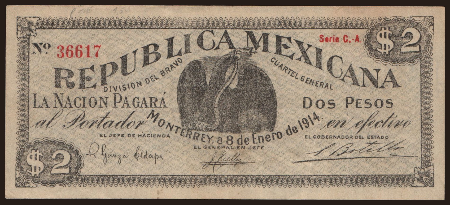 Monterrey/ Division del Bravo, 2 pesos, 1914