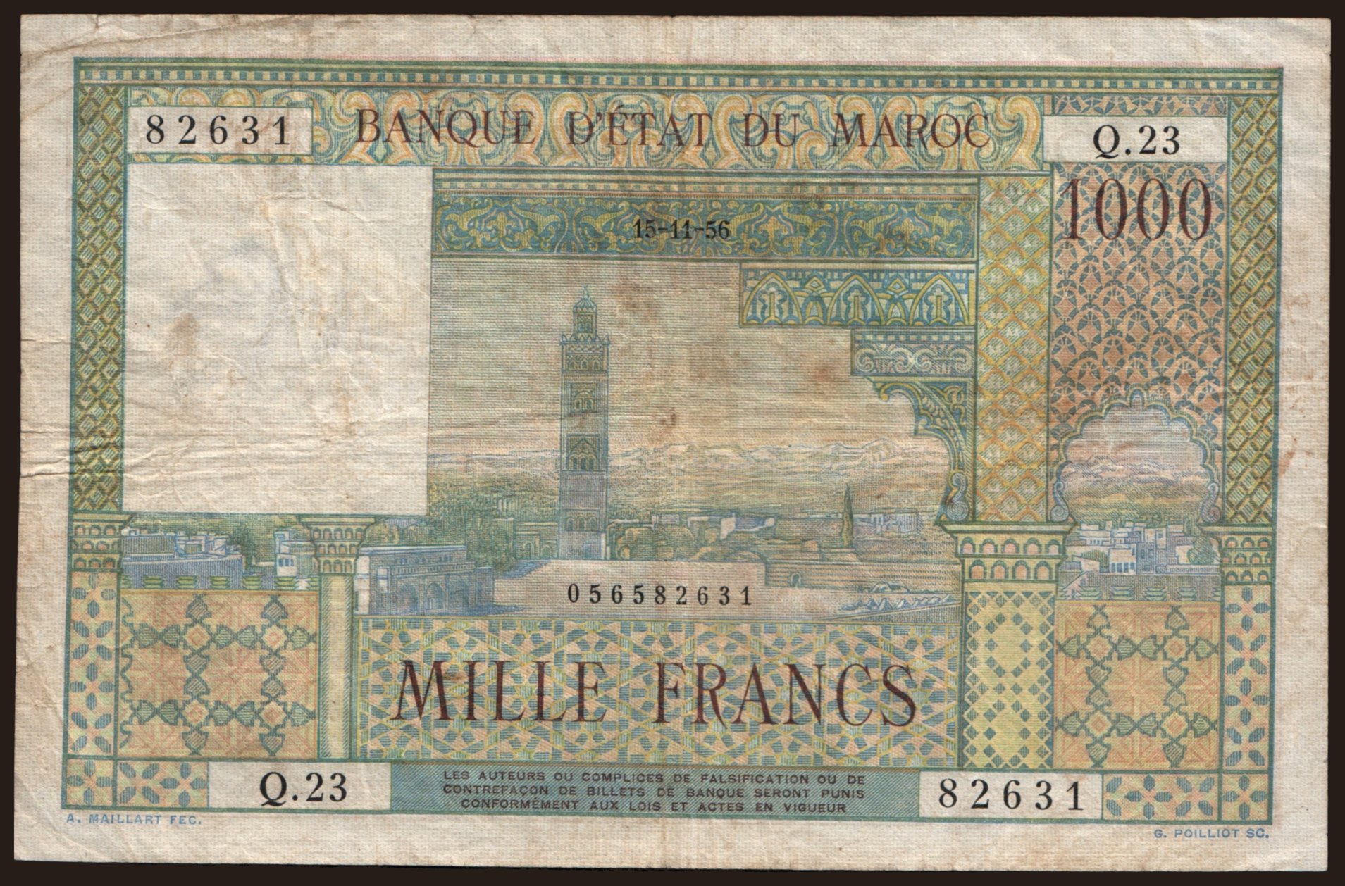 1000 francs, 1956