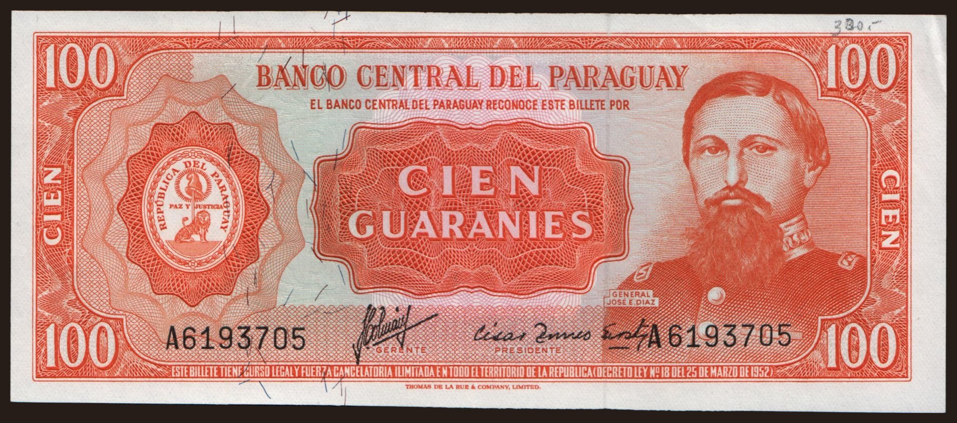 100 guaranies, 1952