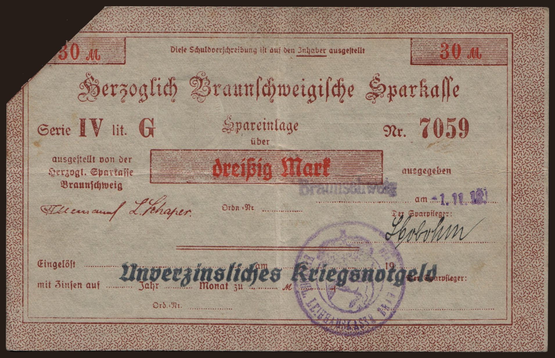 Braunschweig/ Herzoglich Braunschweigische Sparkasse, 30 Mark, 1918