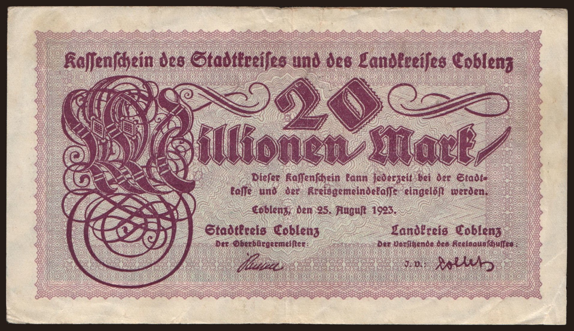 Coblenz/ Stadtkreis und Landkreis, 20.000.000 Mark, 1923