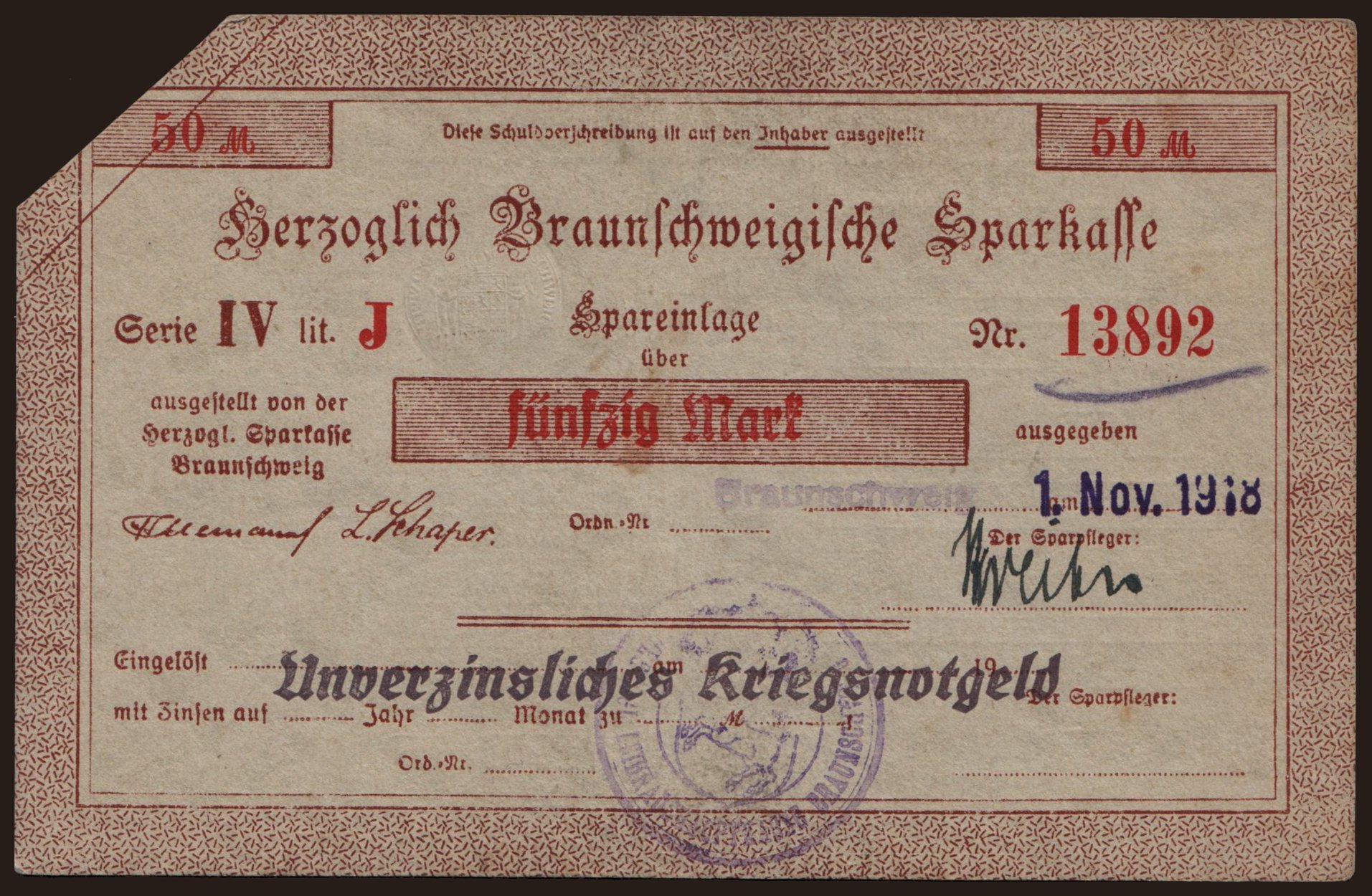 Braunschweig/ Herzoglich Braunschweigische Sparkasse, 50 Mark, 1918