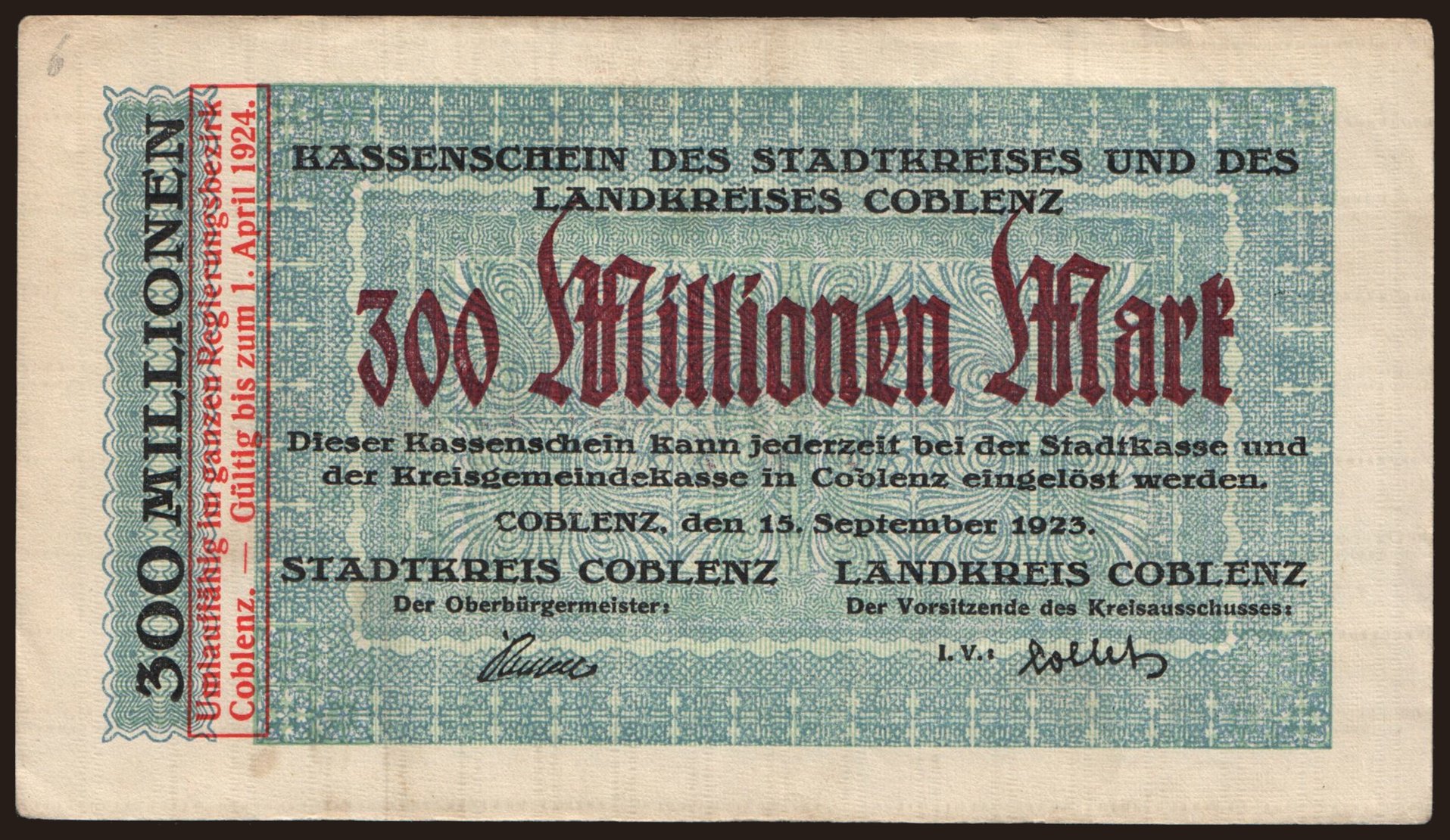Coblenz/ Stadtkreis und Landkreis, 300.000.000 Mark, 1923