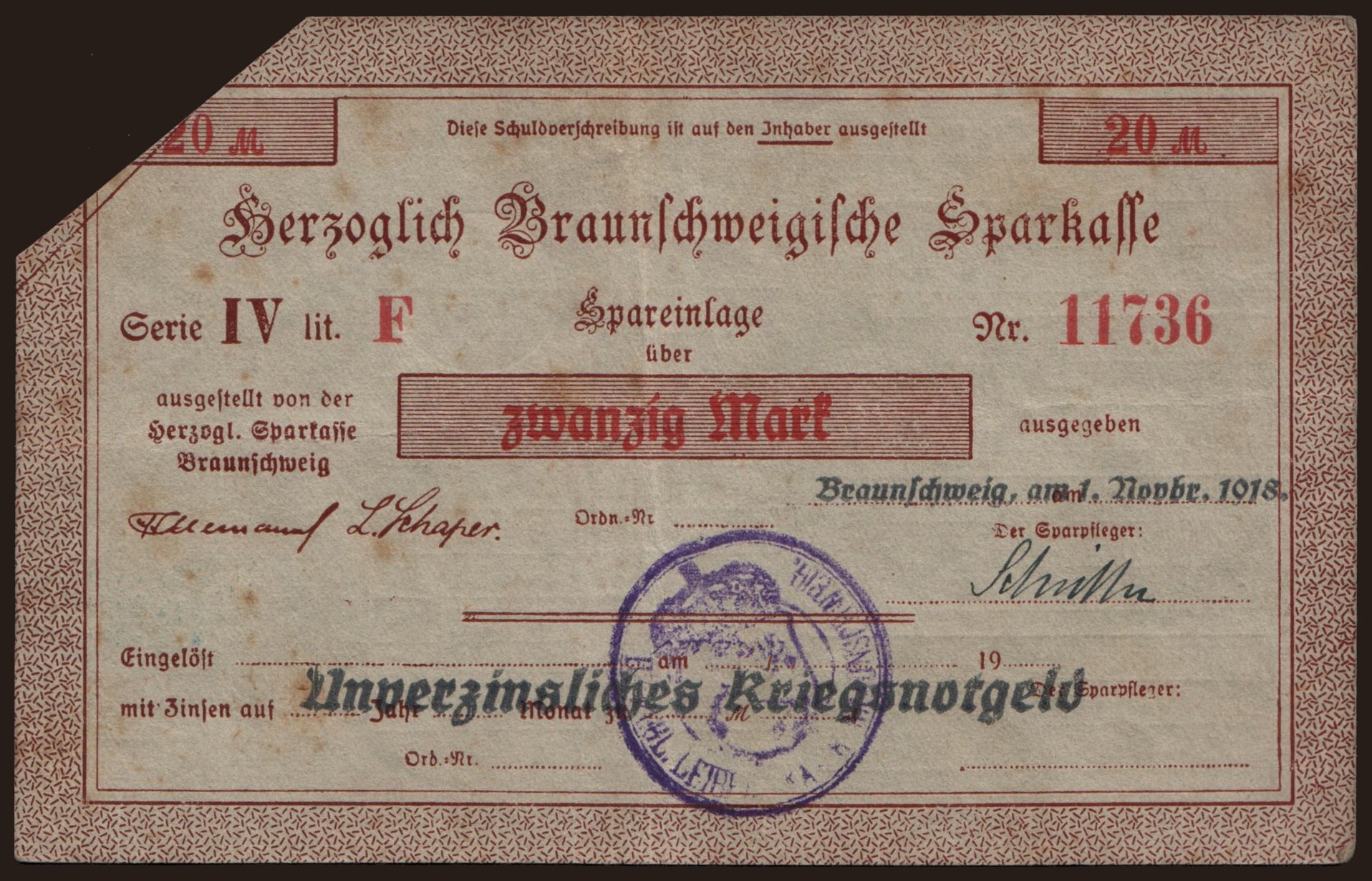 Braunschweig/ Herzoglich Braunschweigische Sparkasse, 20 Mark, 1918