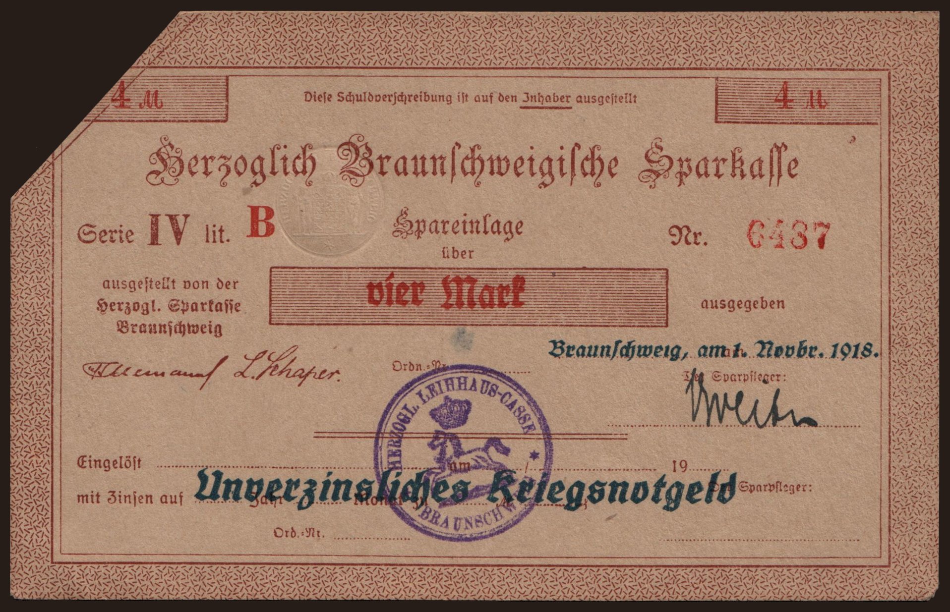 Braunschweig/ Herzoglich Braunschweigische Sparkasse, 4 Mark, 1918