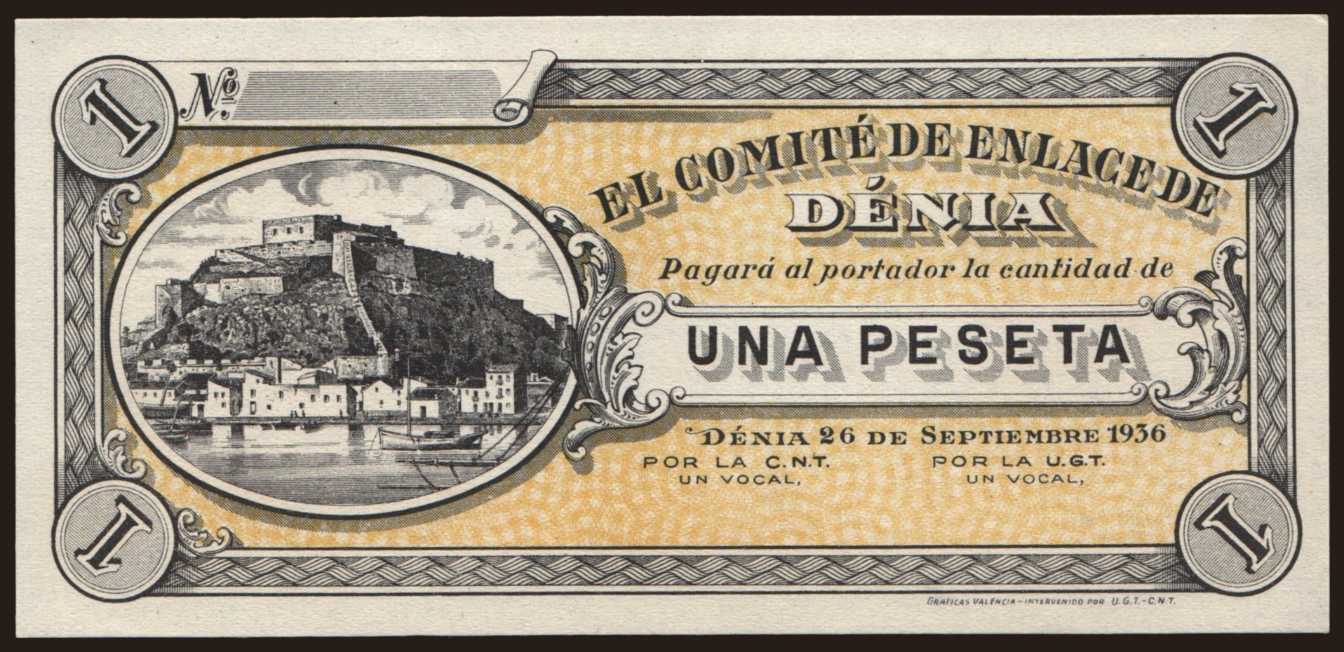 Denia, 1 peseta, 1936
