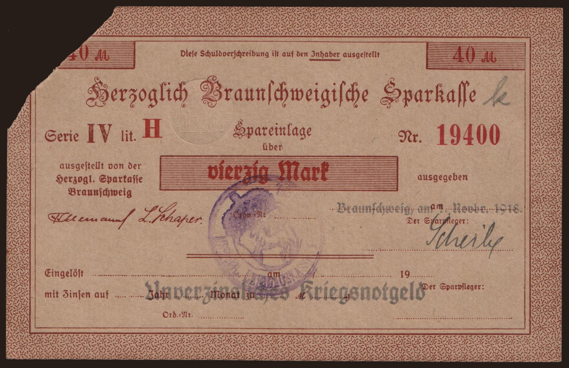 Braunschweig/ Herzoglich Braunschweigische Sparkasse, 40 Mark, 1918
