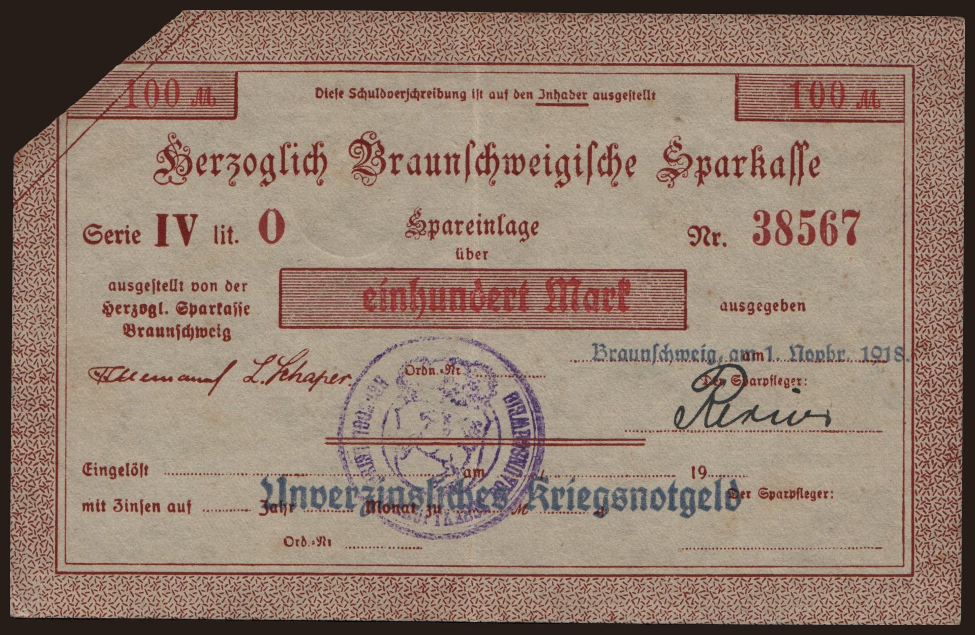 Braunschweig/ Herzoglich Braunschweigische Sparkasse, 100 Mark, 1918