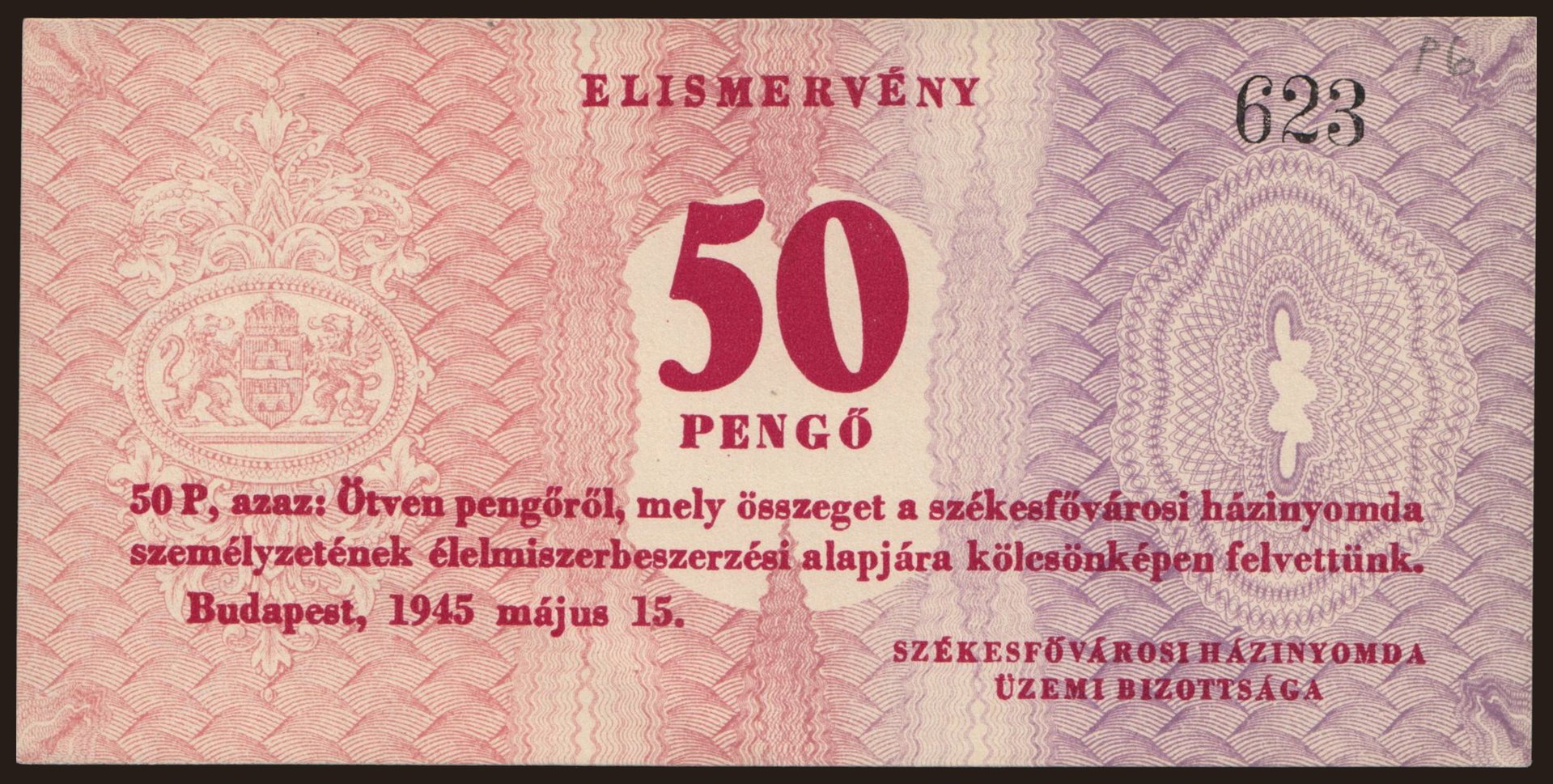 Budapest/ Székesfővárosi Házinyomda, 50 pengő, 1945