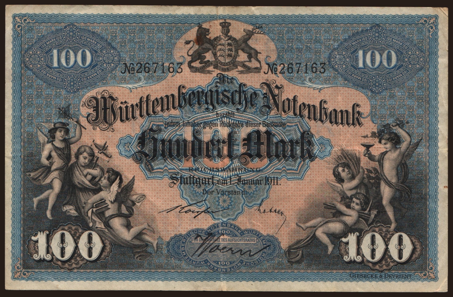 Württembergische Notenbank, 100 Mark, 1911