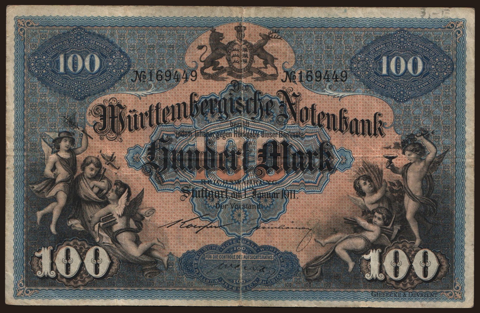 Württembergische Notenbank, 100 Mark, 1911