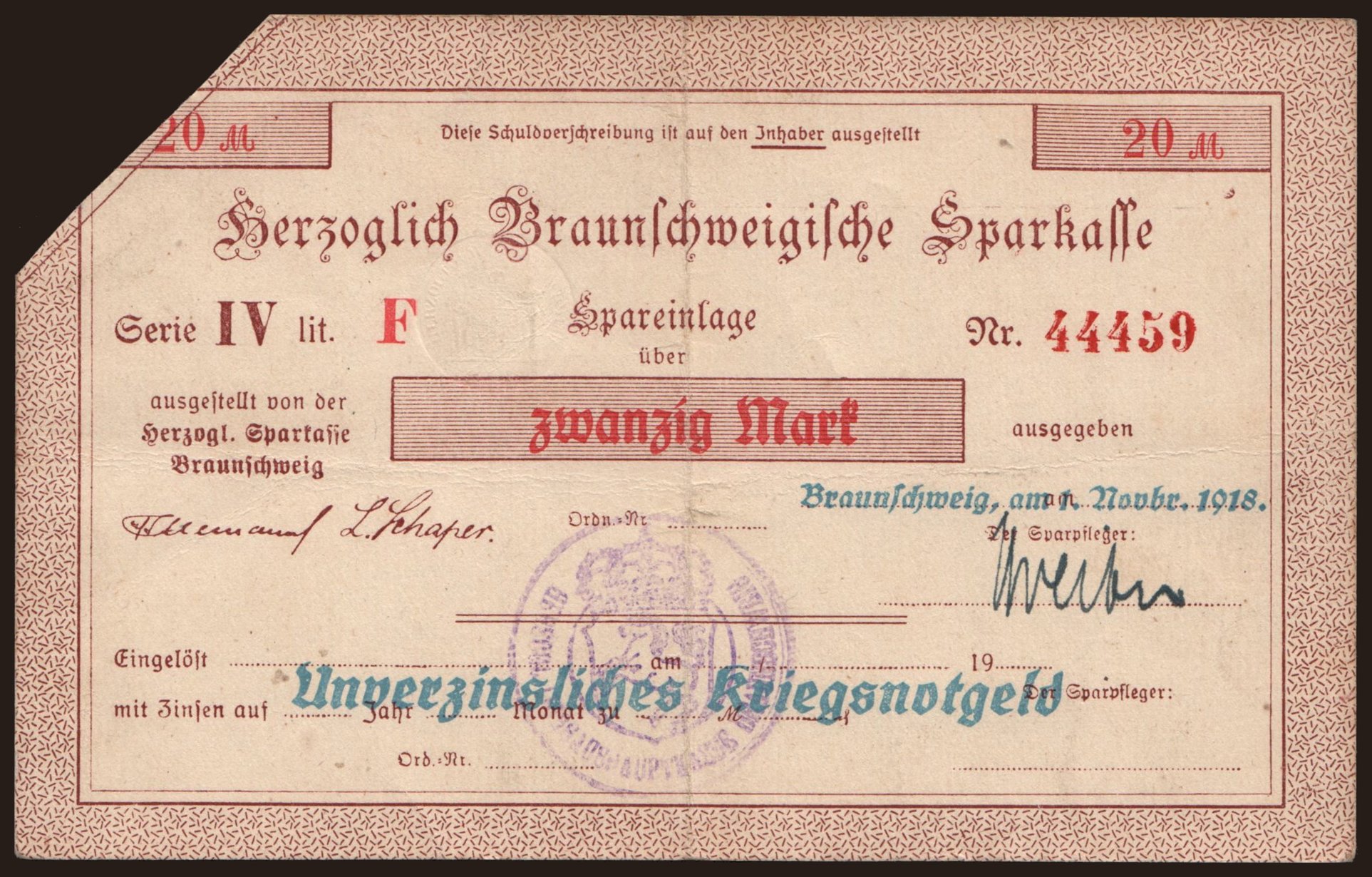 Braunschweig/ Herzoglich Braunschweigische Sparkasse, 20 Mark, 1918