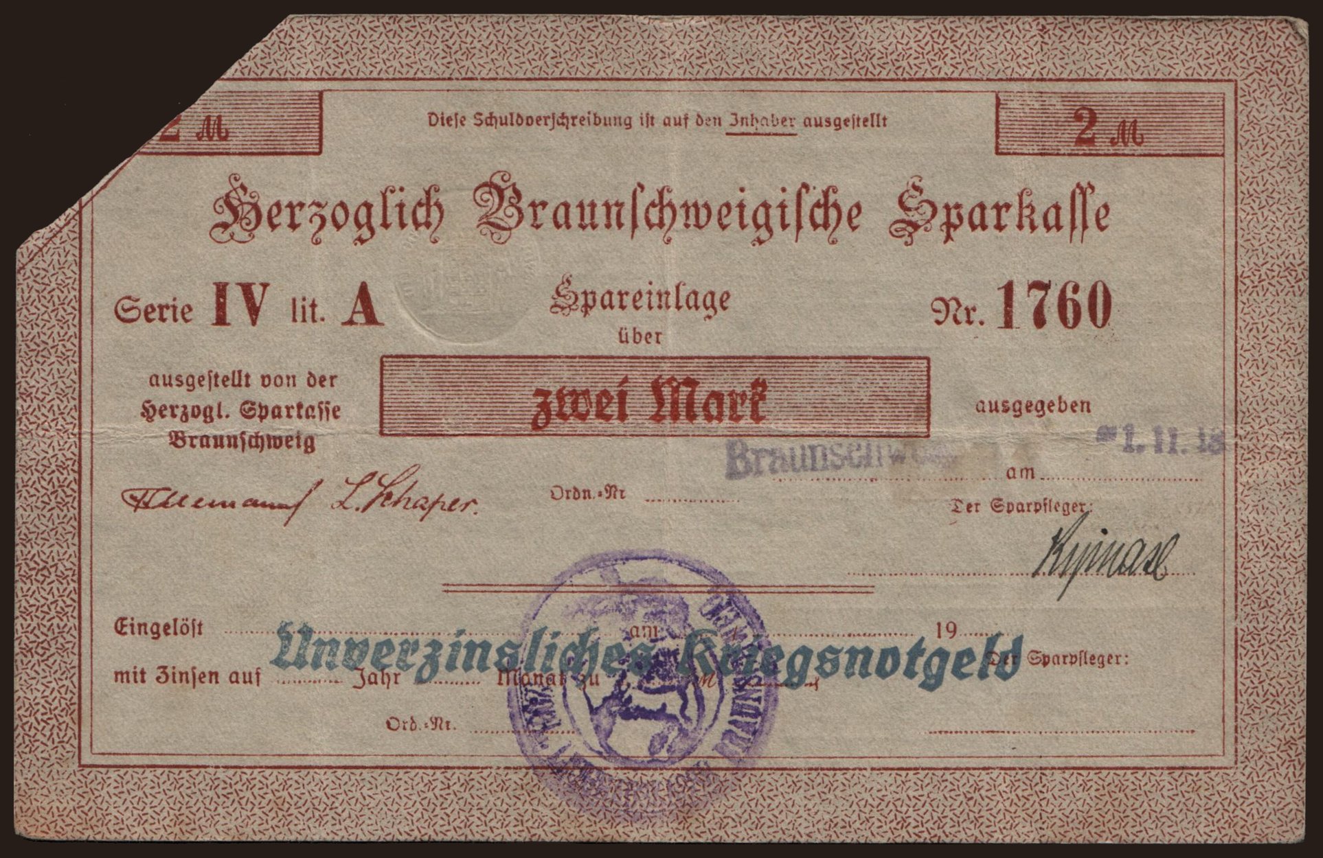 Braunschweig/ Herzoglich Braunschweigische Sparkasse, 2 Mark, 1918