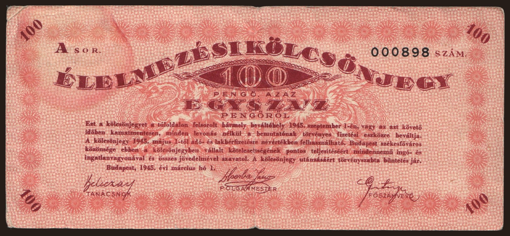 Budapest/ Élelmezési Kölcsönjegy, 100 pengő, 1945