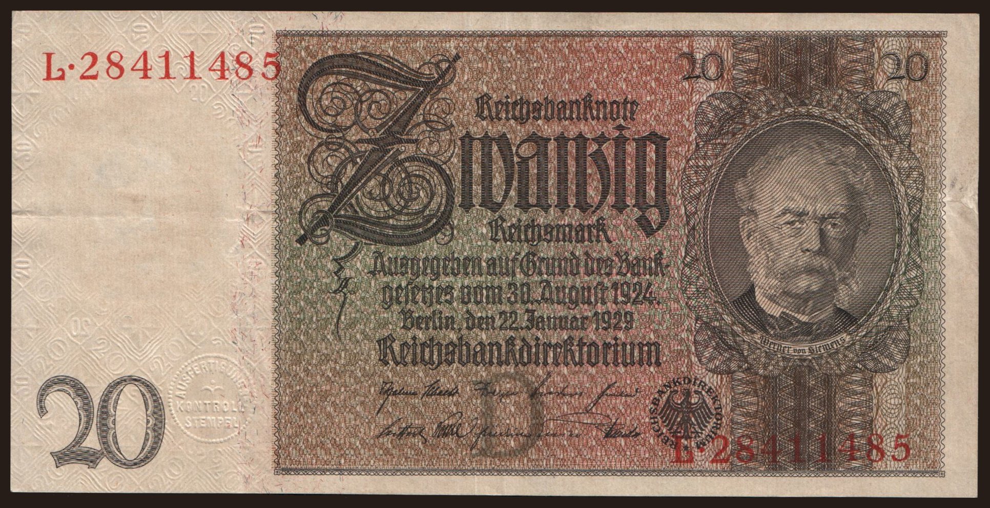 20 Reichsmark, 1929, D/L