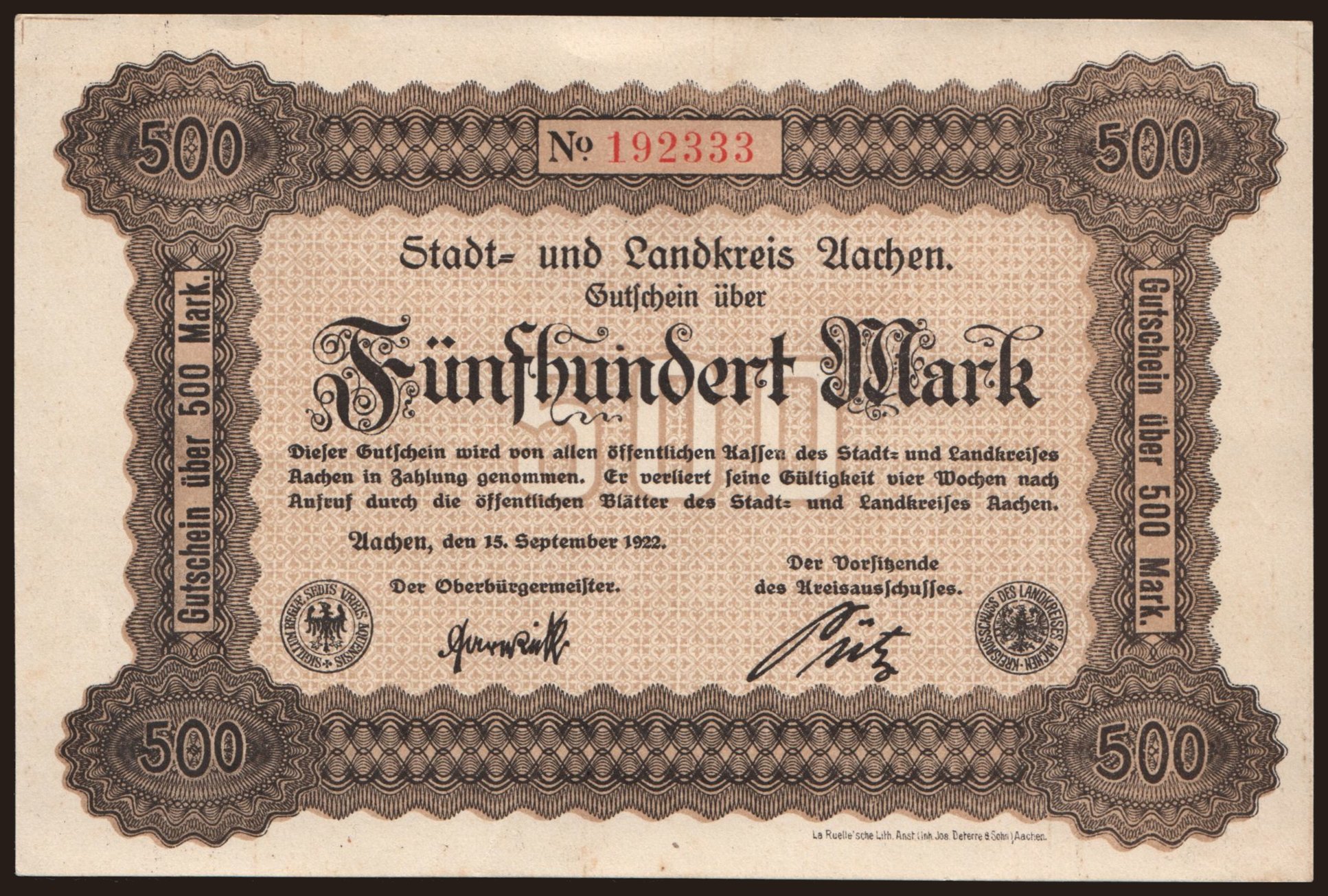 Aachen/ Stadt- und Landkreis, 500 Mark, 1922