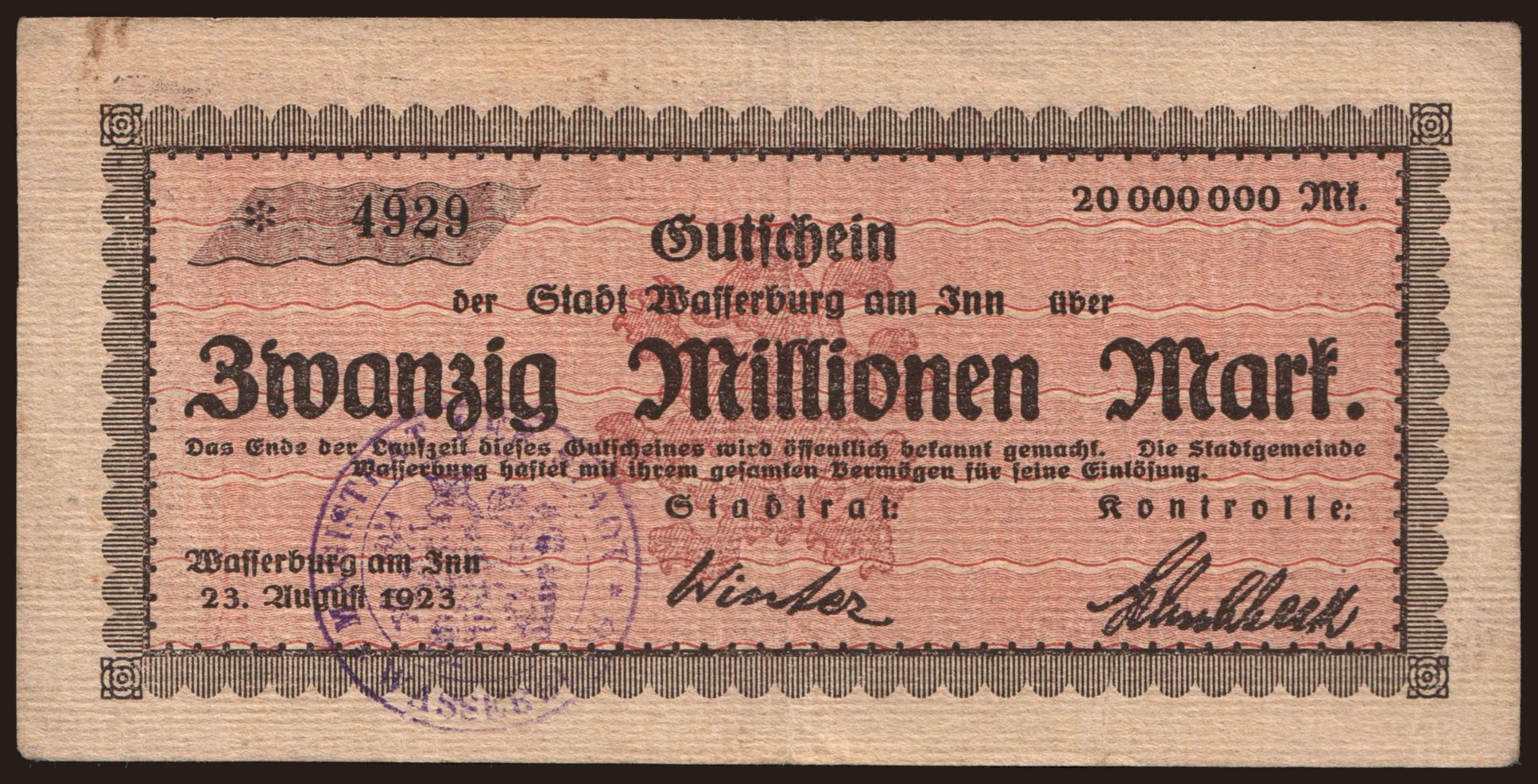 Wasserburg/ Stadt, 20.000.000 Mark, 1923