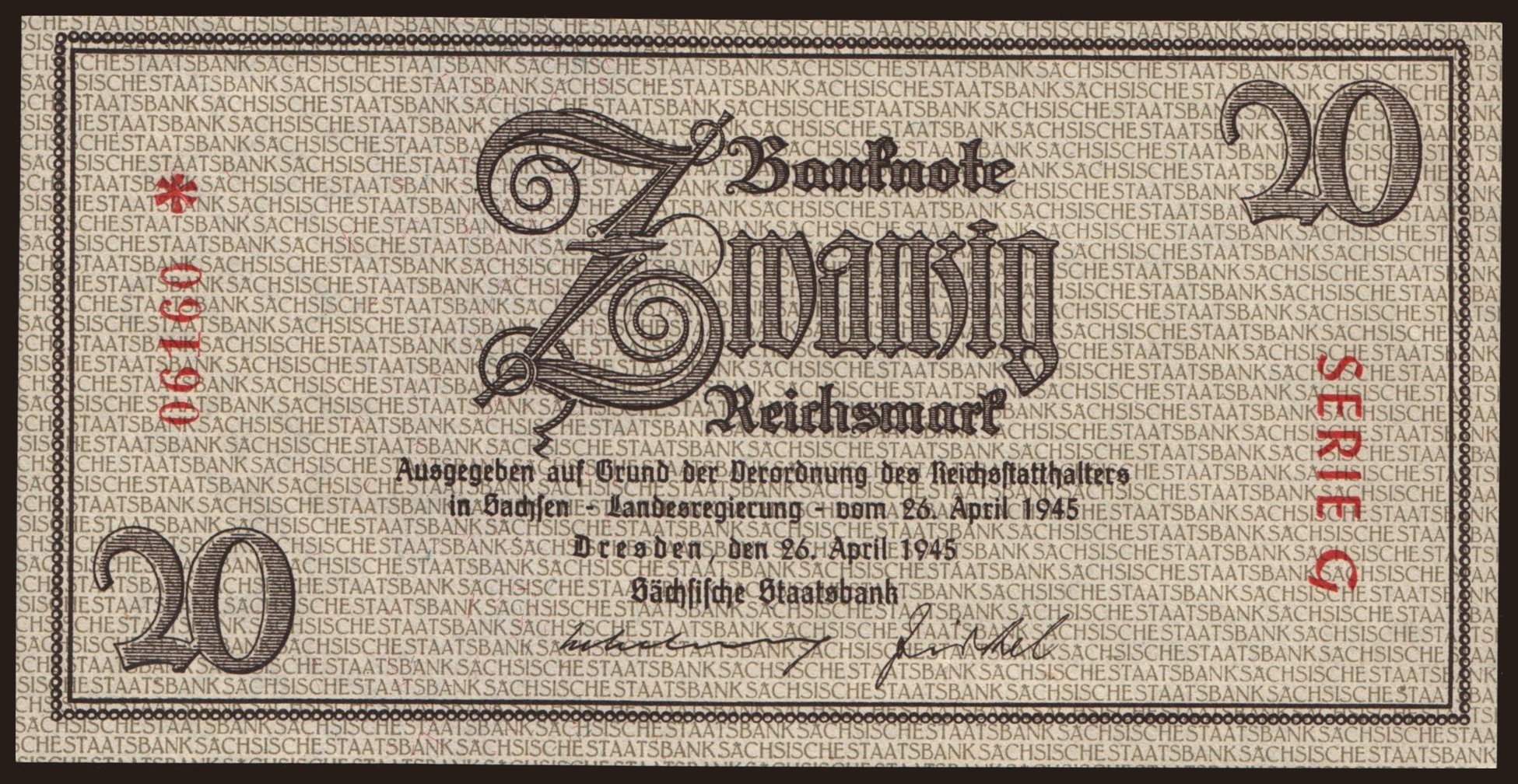 Sächsische Staatsbank, 20 Reichsmark, 1945