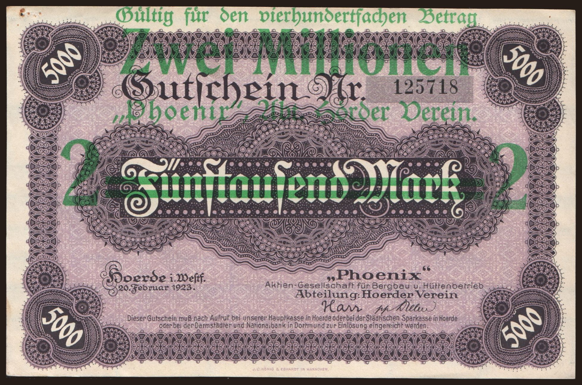 Hoerde/ Phoenix Aktien-Gesellschaft für Bergbau u. Hüttenbetrieb, 2.000.000 Mark, 1923