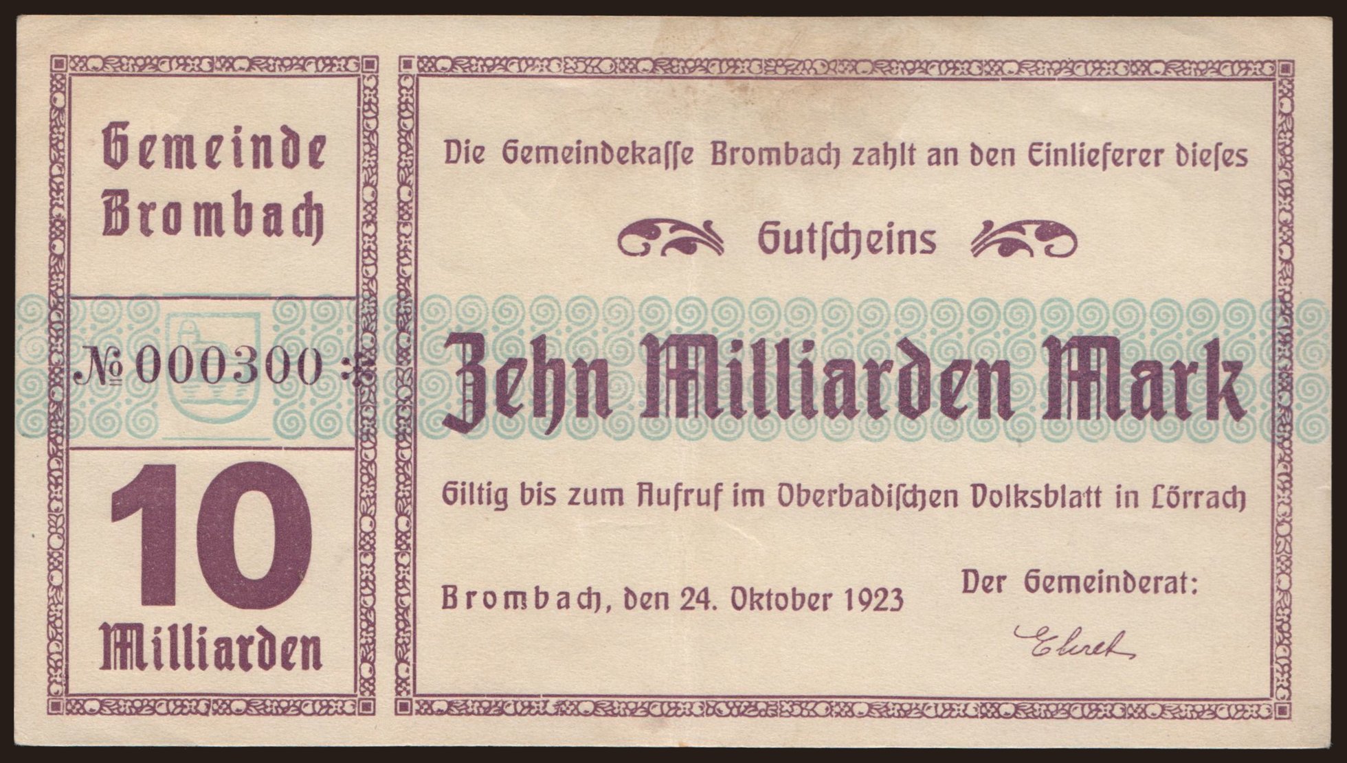 Brombach/ Gemeinde, 10.000.000.000 Mark, 1923