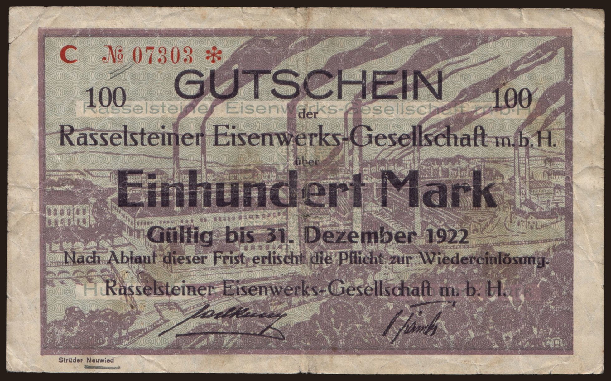 Neuwied-Rasselstein/ Rasselsteiner Eisenwerks - Gesellschaft m.b.H., 100 Mark, 1922