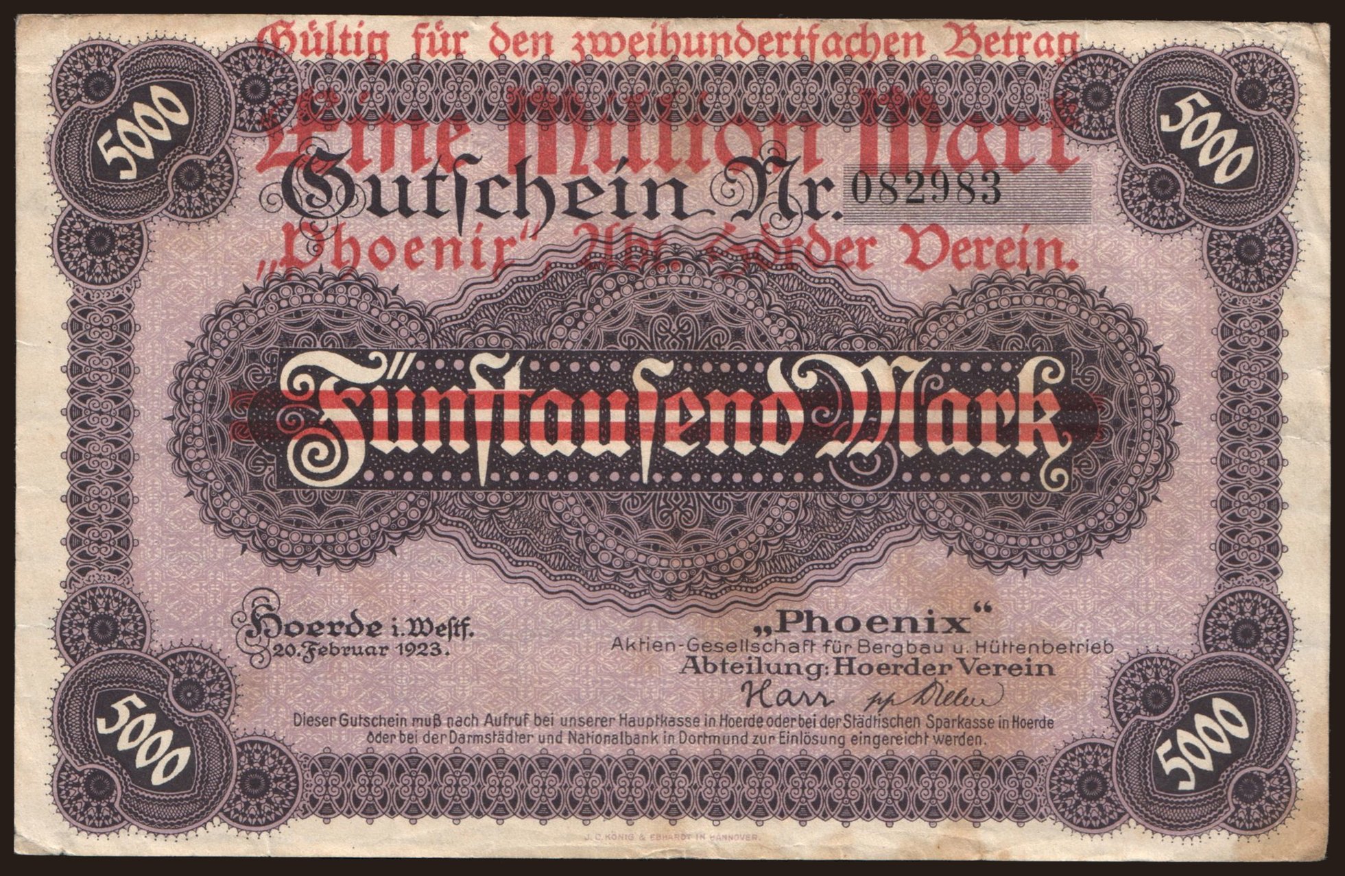 Hoerde/ Phoenix Aktien-Gesellschaft für Bergbau u. Hüttenbetrieb, 1.000.000 Mark, 1923