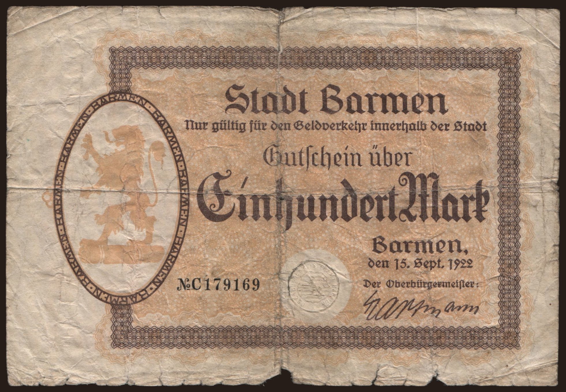 Barmen/ Stadt, 100 Mark, 1922