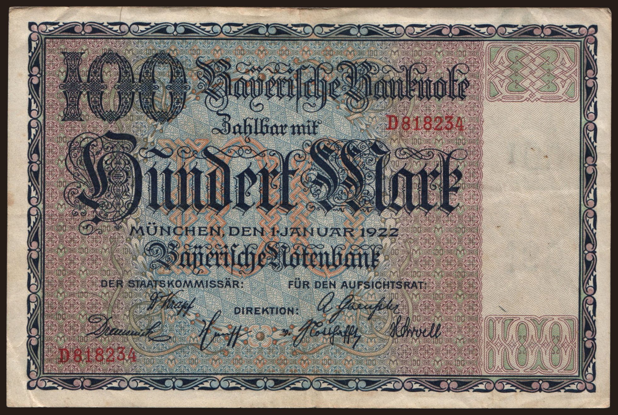 Bayerische Notenbank, 100 Mark, 1922