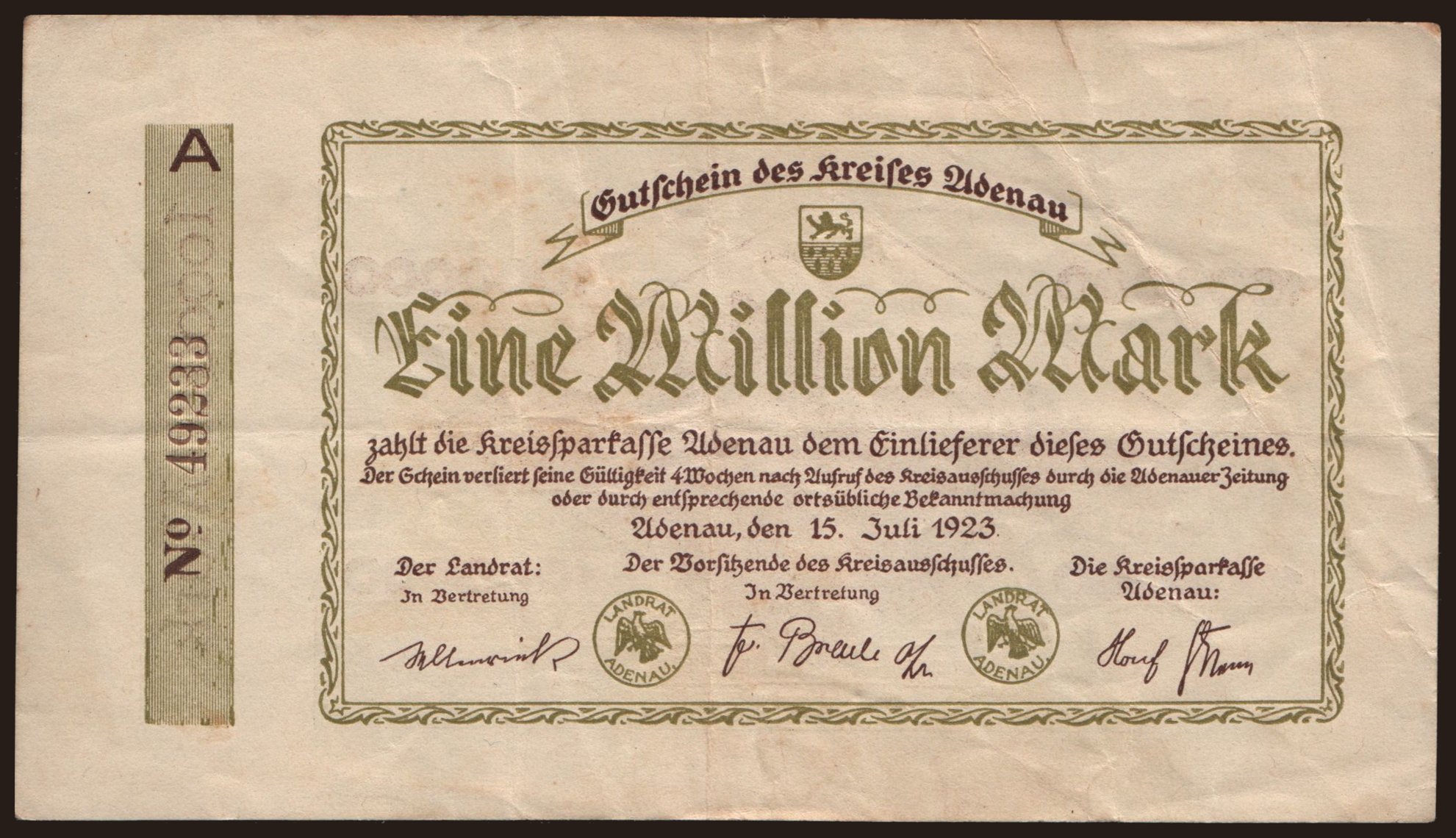 Adenau/ Kreis, 1.000.000 Mark, 1923