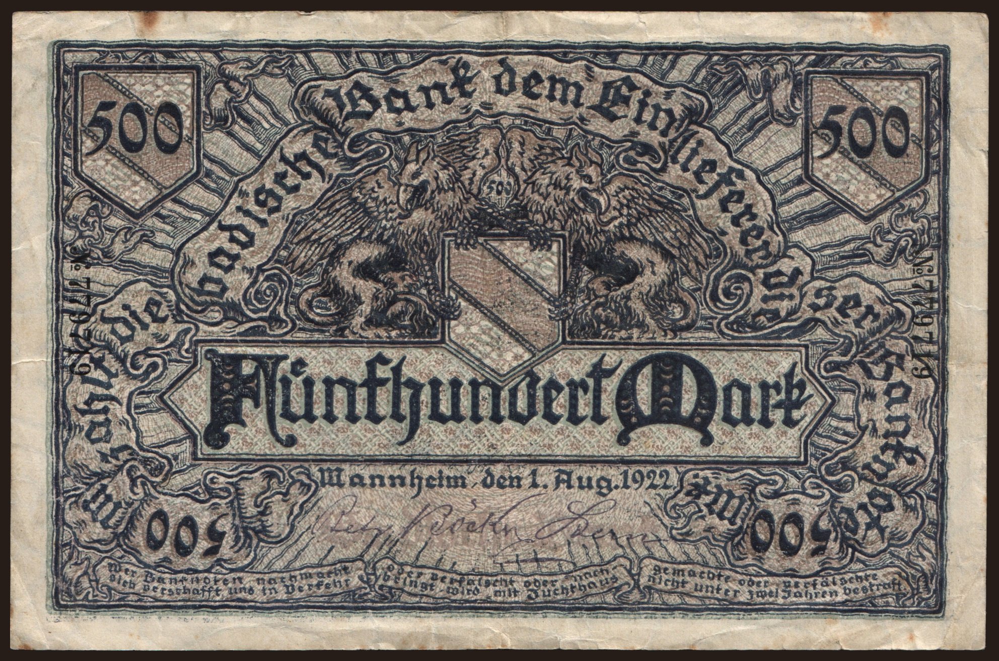 Badische Bank, 500 Mark, 1922