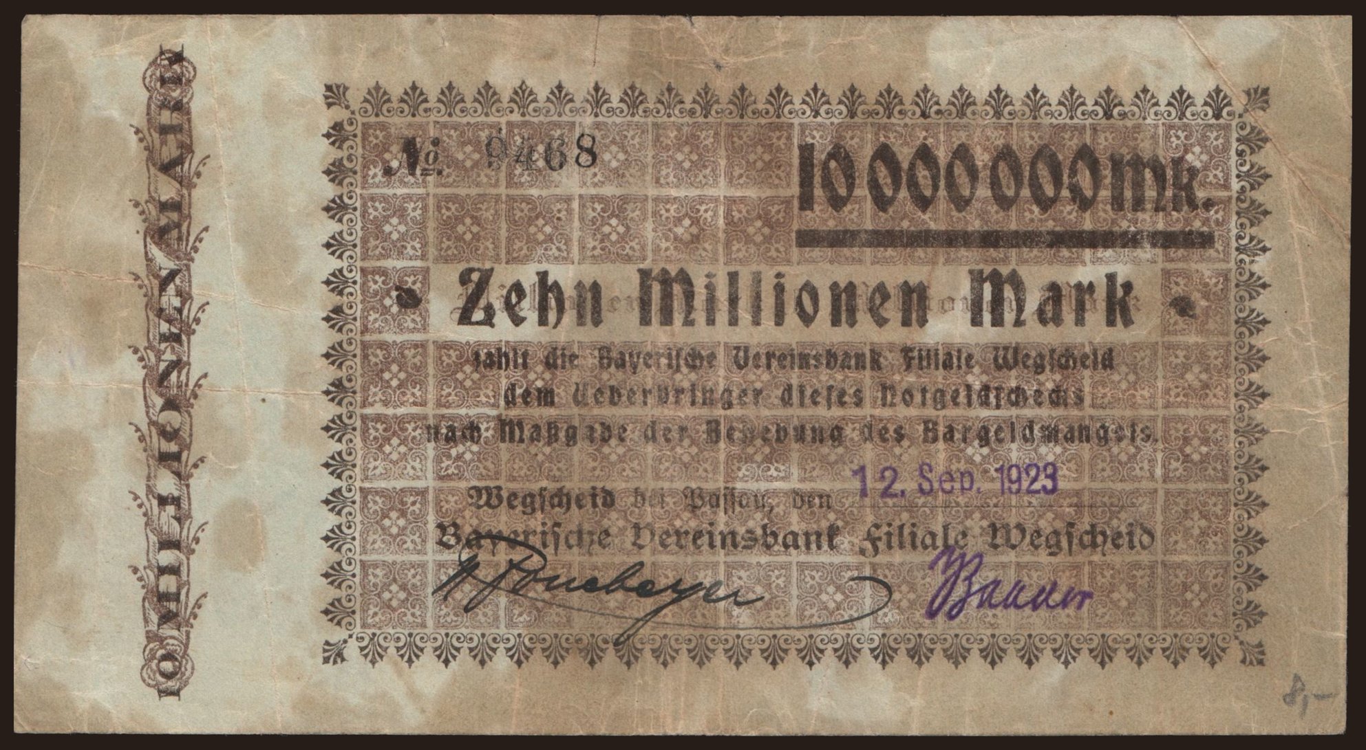 Wegscheid/ Bayerische Vereinsbank, 10.000.000 Mark, 1923