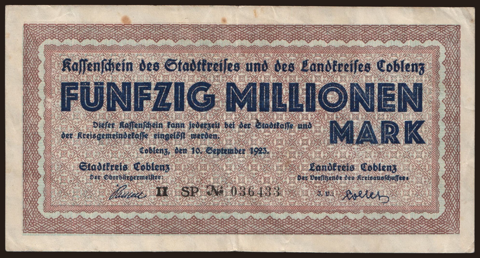 Coblenz/ Stadtkreis und Landkreis, 50.000.000 Mark, 1923