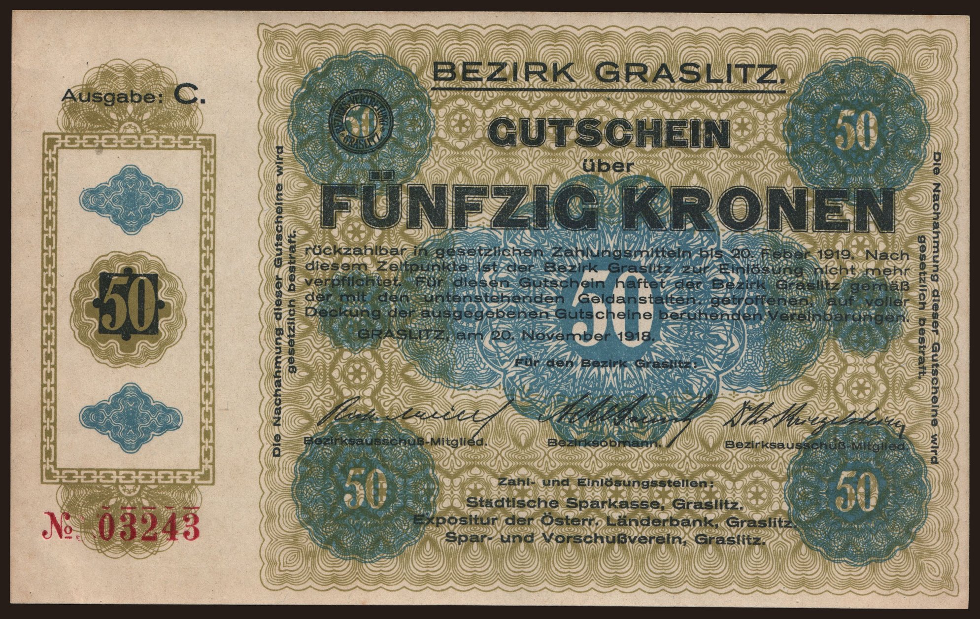 Graslitz, 50 Kronen, 1918
