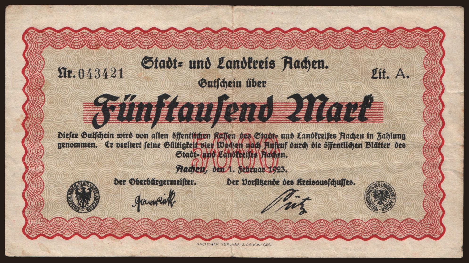 Aachen/ Stadt- und Landkreis, 5.000 Mark, 1923