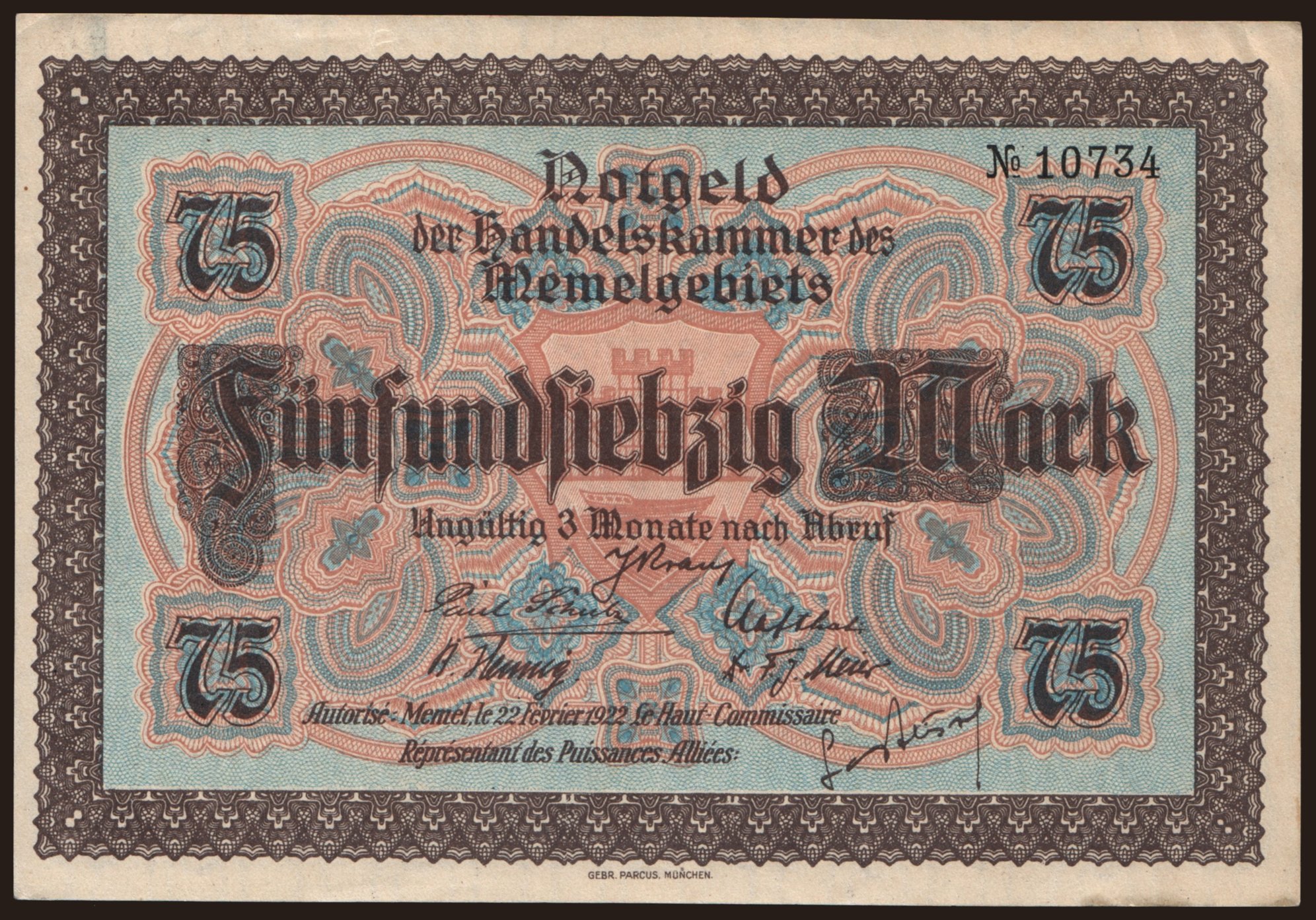 Memel, 75 Mark, 1922