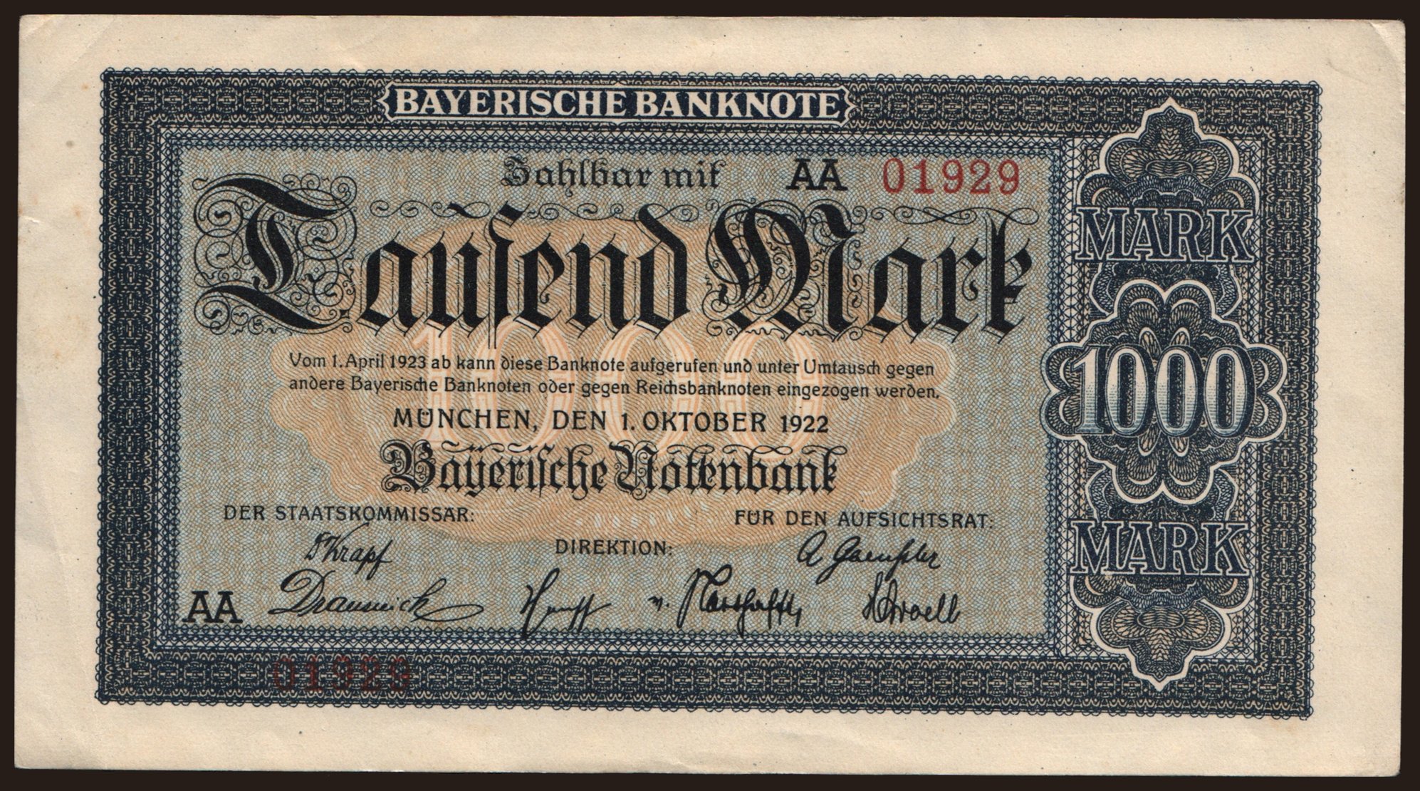 Bayerische Notenbank, 1000 Mark, 1922