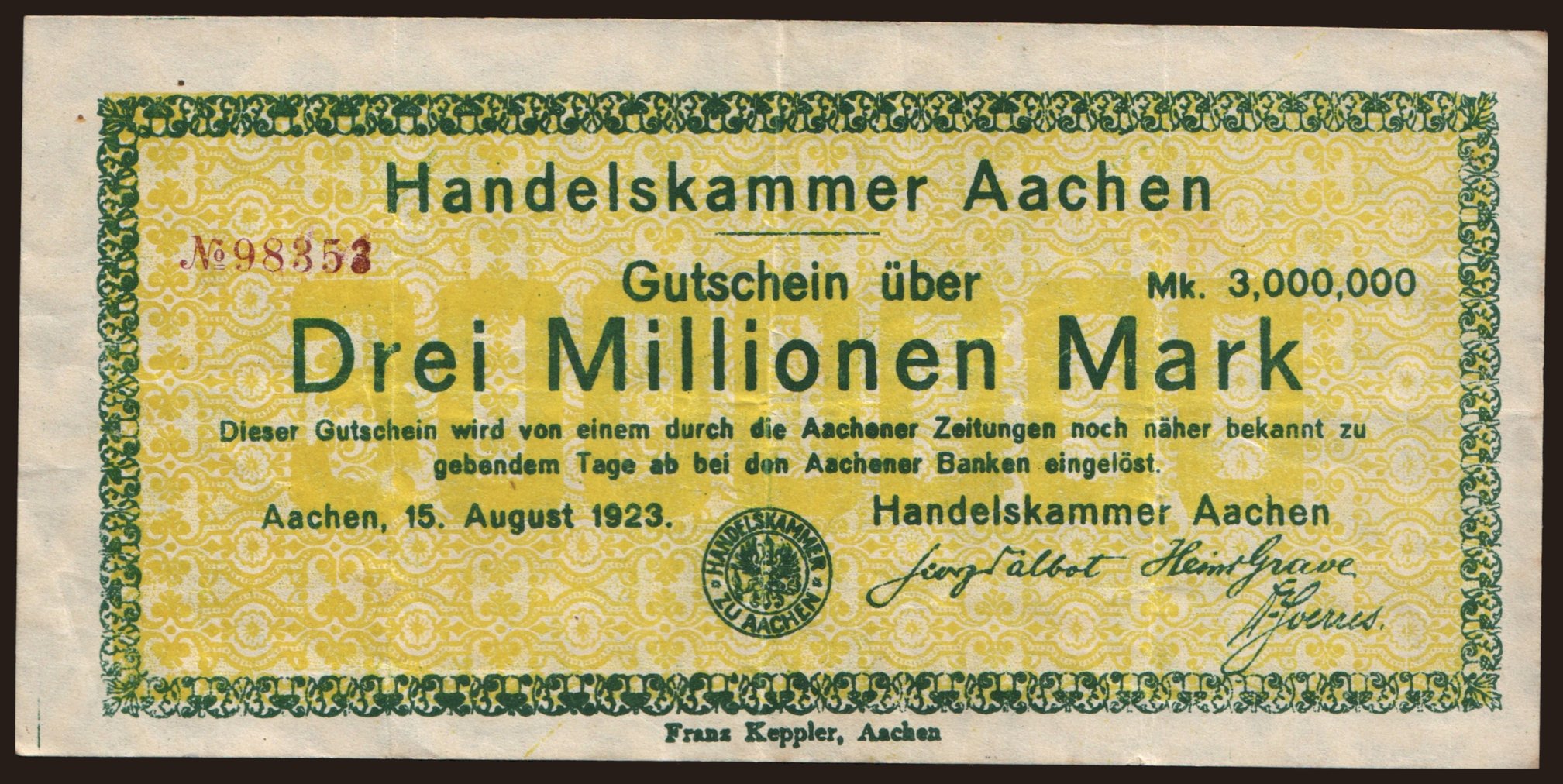 Aachen/ Handelskammer, 3.000.000 Mark, 1923