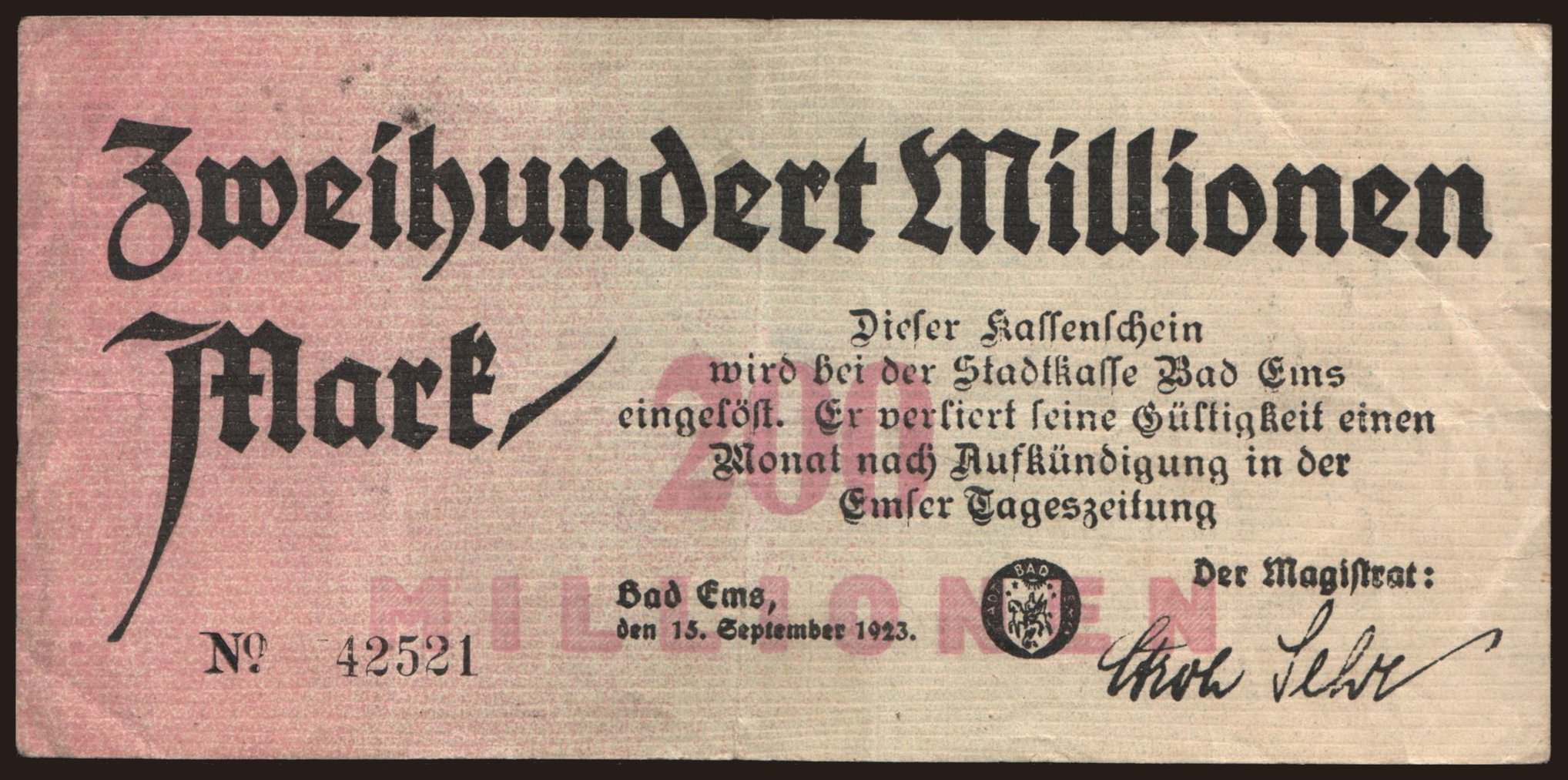 Bad Ems/ Stadt, 200.000.000 Mark, 1923