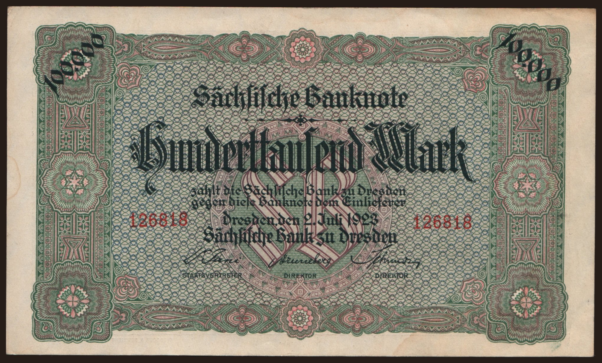 Sächsische Bank zu Dresden, 100.000 Mark, 1923
