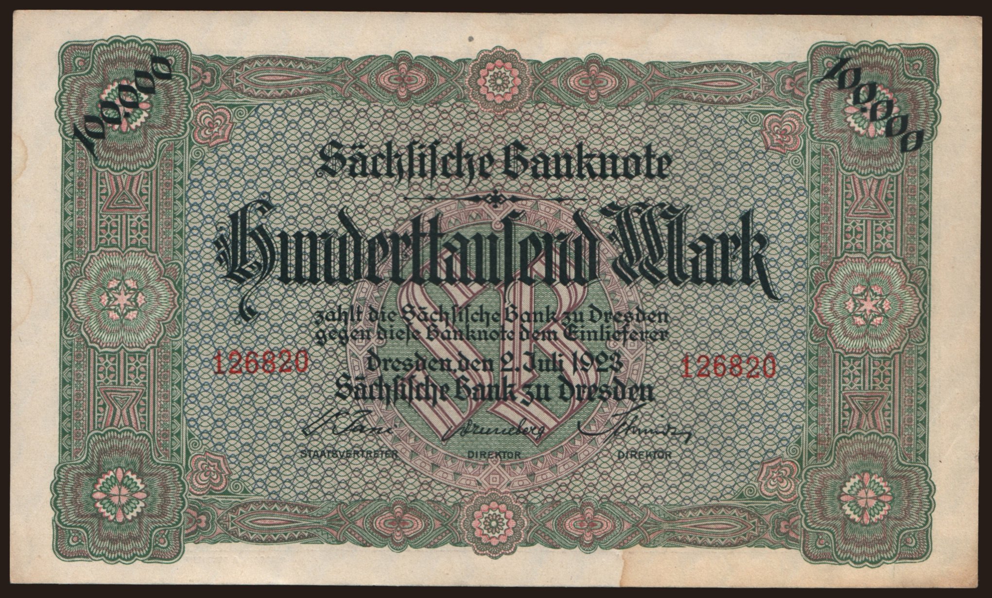 Sächsische Bank zu Dresden, 100.000 Mark, 1923