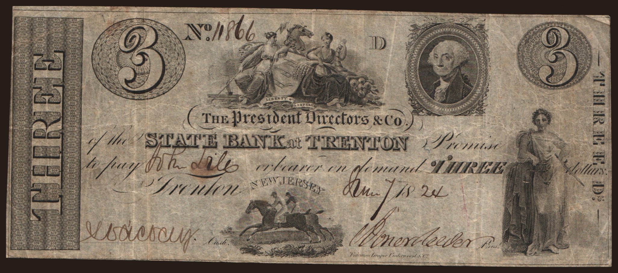 State Bank at Trenton, 3 dollars, 1824