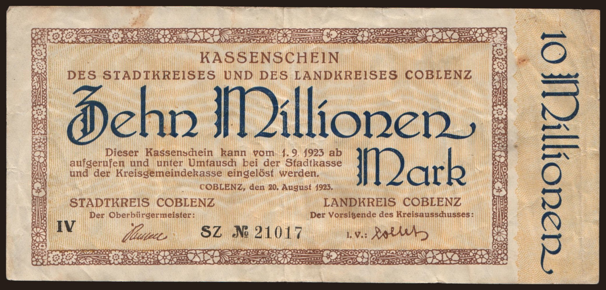 Coblenz/ Stadtkreis und Landkreis, 10.000.000 Mark, 1923