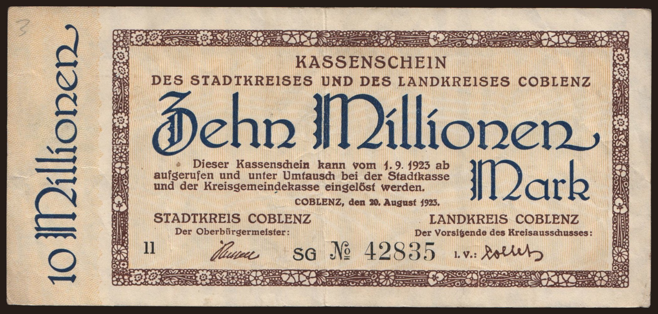 Coblenz/ Stadtkreis und Landkreis, 10.000.000 Mark, 1923