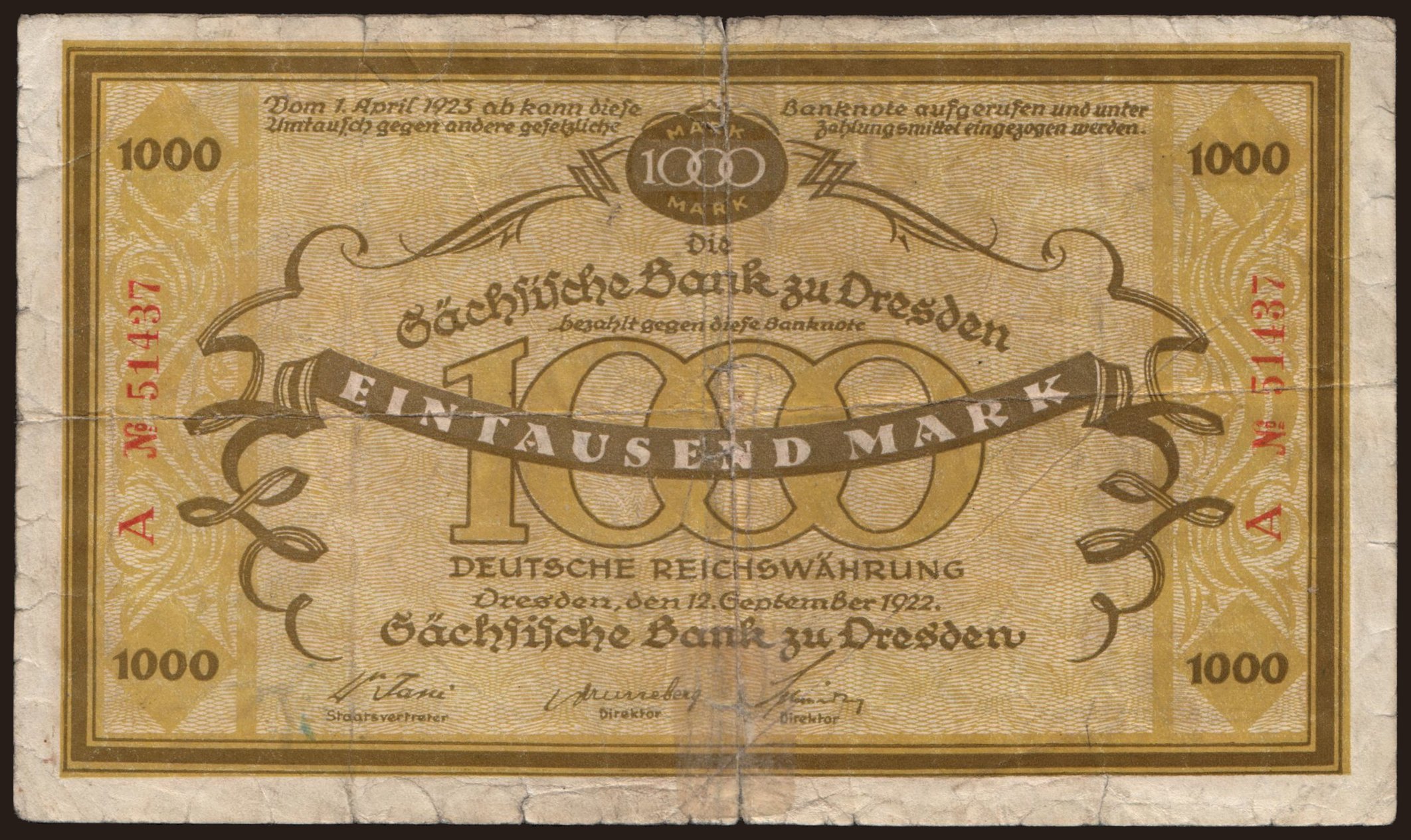 Sächsische Bank zu Dresden, 1000 Mark, 1922