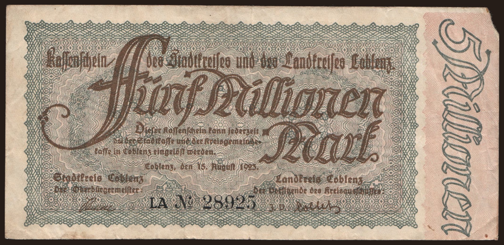Coblenz/ Stadtkreis und Landkreis, 5.000.000 Mark, 1923